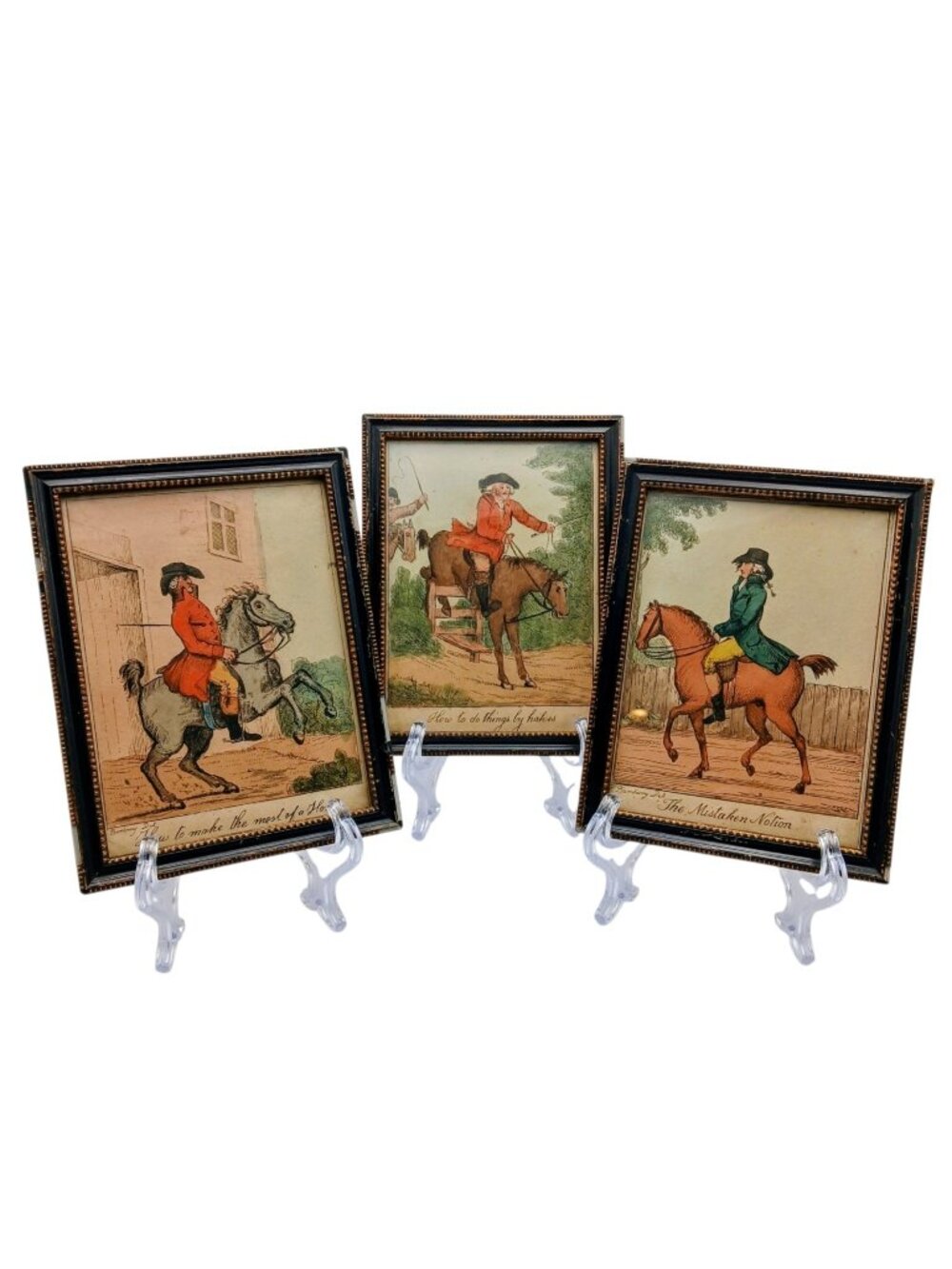 3 Antique Henry W Bunbury “Academy for Grown Horsemen” Hand-Colored Prints